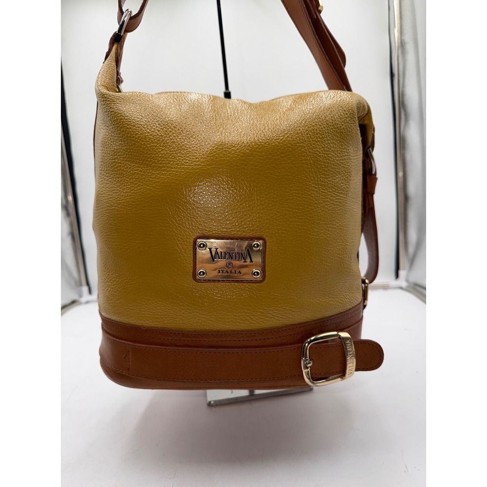 Valentina Italia Leather Shoulder Bag Mustard Yellow Cognac Brown Gold Hardware - Picture 2 of 16